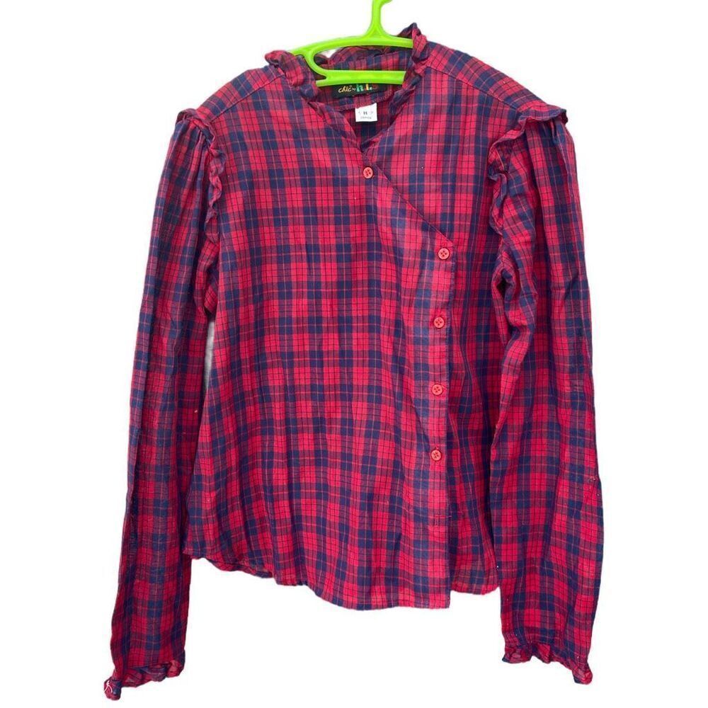 Vintage Chic by h.i.s. Size M plaid ruffle trim blouse.